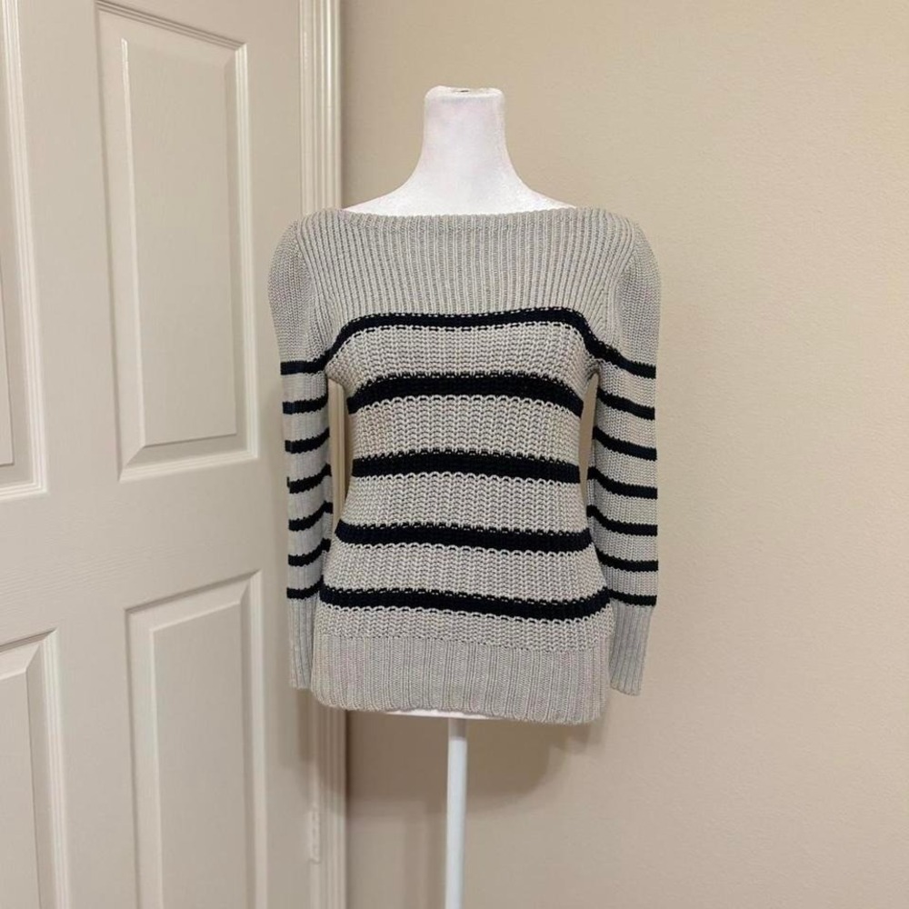 J crew XS thick knit boat neck gray navy striped sweater